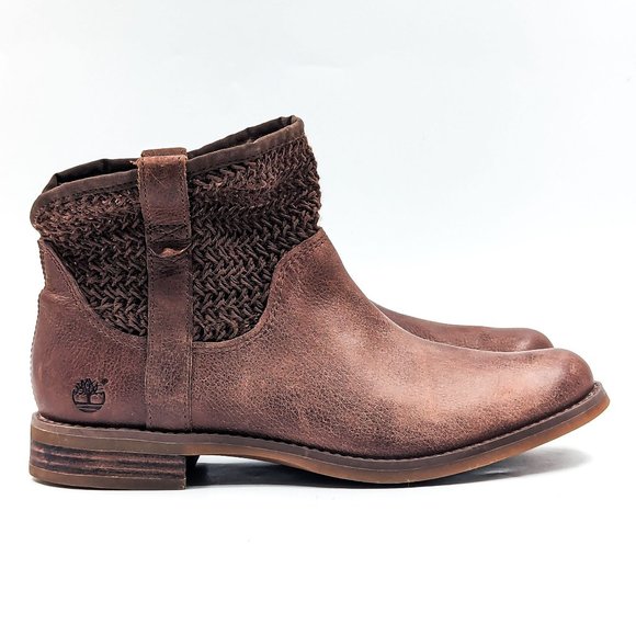 Timberland Women Savin Hill lasercut Weave Brown Leather Slip-on Boots size 7.5 - Picture 11 of 12